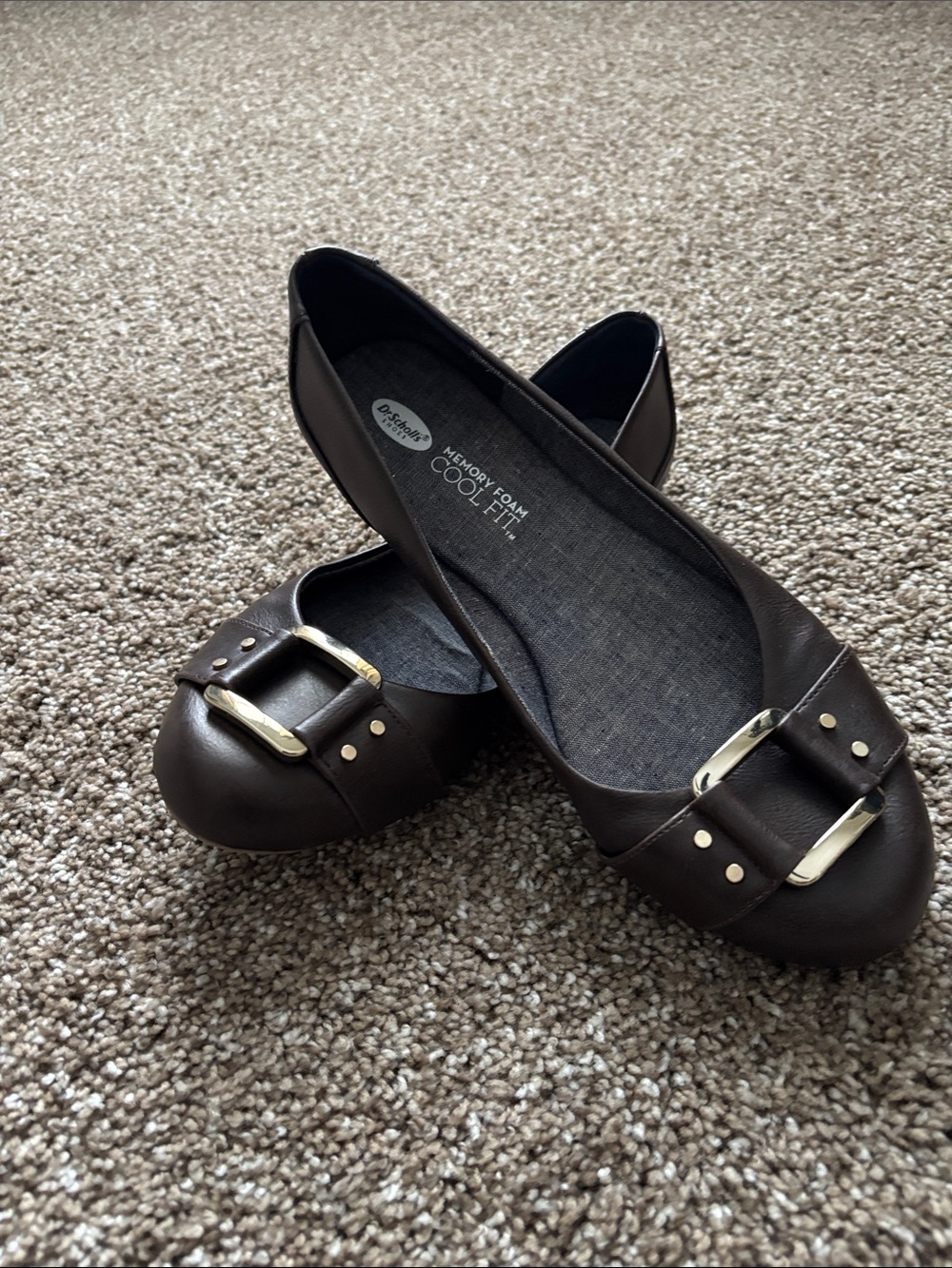 Dr. Scholl’s Memory Foam Cool Fit Dark Brown Ballet Flats with Gold Buckle